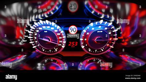 3d Illustration Close Up Black Car Panel Digital Bright Speedometer In