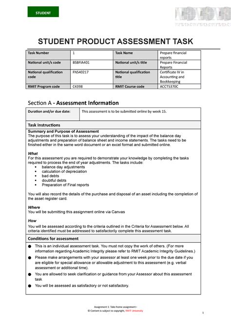 Assessment 1 Task Instructions Summary And Purpose Of Assessment The