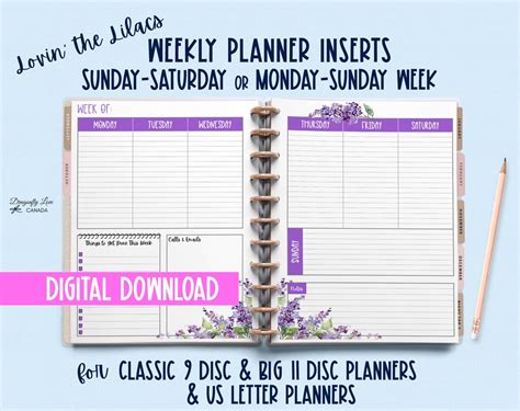 Undated Weekly Planner Inserts With Lilacs Mon Sun Or Etsy