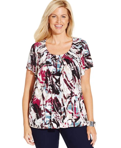 Styleandco Plus Size Printed Pleat Neck Top Only At Macys Tops Macys Tops Style And Co