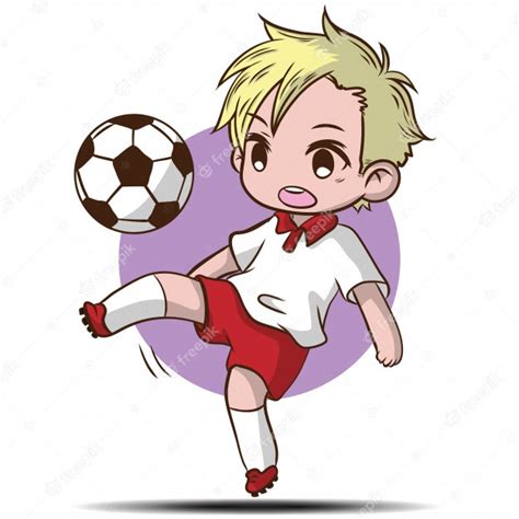 Cute Boy Play Football Cartoon Character Premium Vector