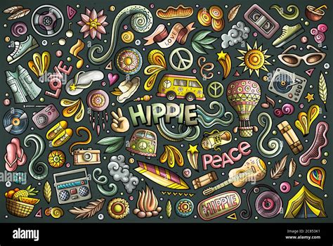 Cartoon Set Of Hippie Objects And Symbols Stock Vector Image And Art Alamy