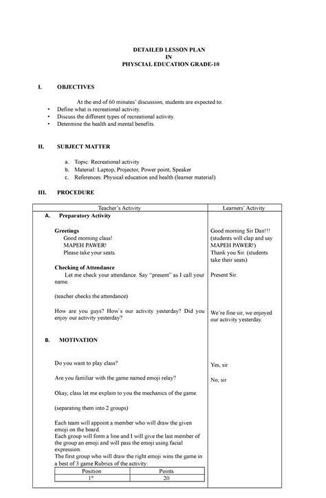 DLP Detailed Lesson Plan In Physical Education Grade DETAILED