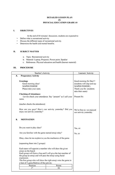 Dlp Detailed Lesson Plan In Physical Education Grade Detailed