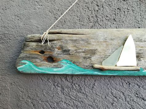 Sailing Boat On Painted Driftwood Seaglass Seapottery Boat Handmade Driftwood Art Driftwood