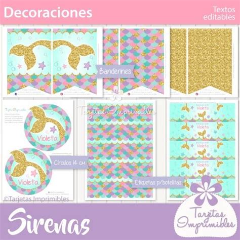 Kit Imprimible Con Sirenas Efecto Glitter Manualidades