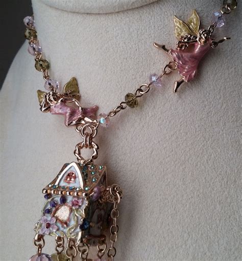 Kirks Folly Fairy House Cottage Necklace Opens With Key 3 Fairies