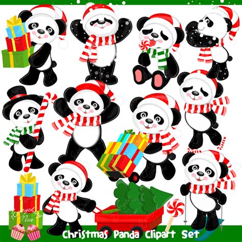 Christmas Panda Clipart Set Christmas Cliparts Holiday Cliparts