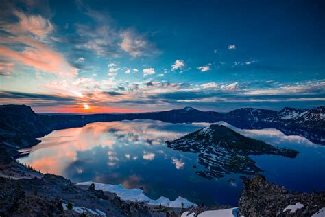Download Reflection Sunset Sky Island Lake Nature Crater Lake Hd Wallpaper