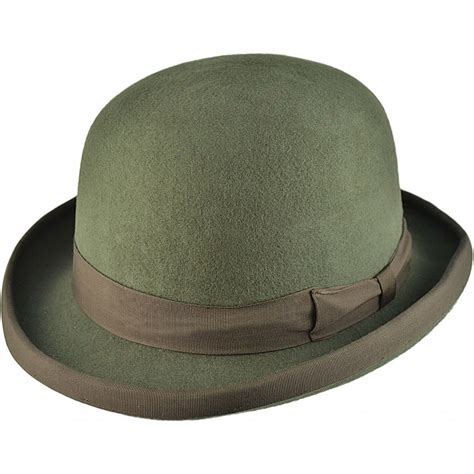 Olive 100wool Hand Made Quality Round Top Hard Bowler Hat With Satin