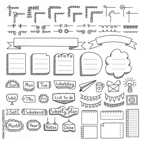 Bullet Journal Hand Drawn Vector Elements For Notebook Diary And