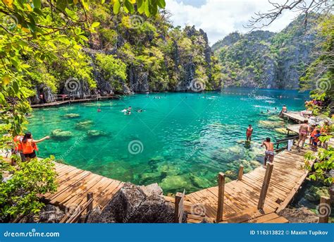 People Tourists Swimming At Kayangan Lake In Coron Island Palawan The