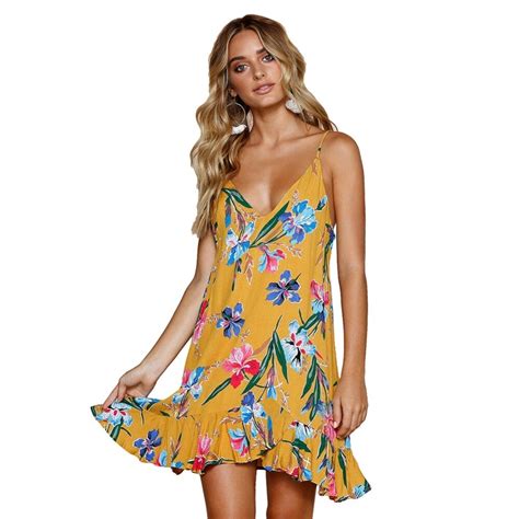 Women Beach Backless Sleeveless Dress Boho Sexy V Neck Print Floral