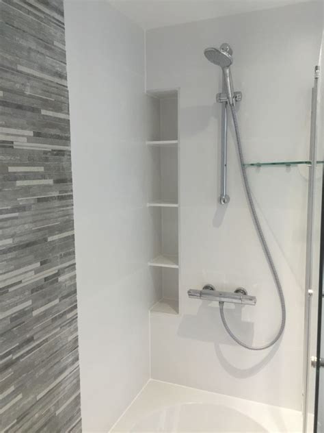 They definitely give a clean and chic look. Custom CORIAN® Alcove Shelving | Shower shelves, Shower ...