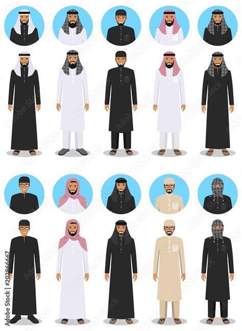 set of different standing arab men in the traditional muslim arabic clothing in flat style