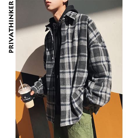 Privathinker Oversized Long Sleeve Thick Woolen Plaid Shirts Men Women Casual Flannel Warm