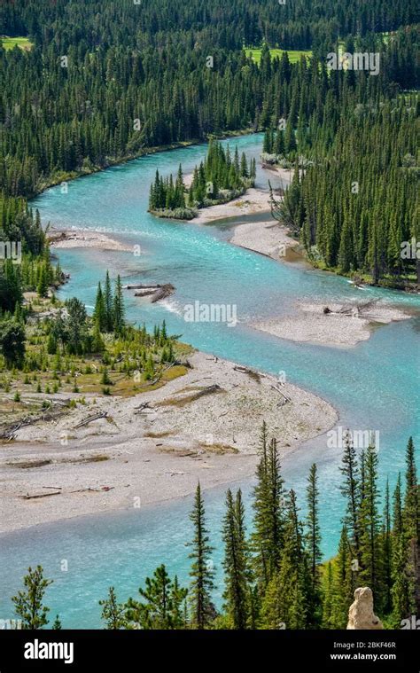 Aerial View Of Bow River Banff National Park Alberta Canada Stock