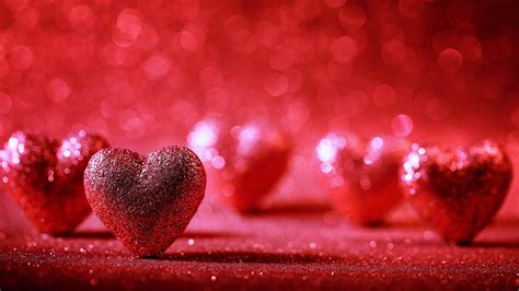 Red Glittering Heart Shapes In Red Bokeh Lights Background Hd Heart