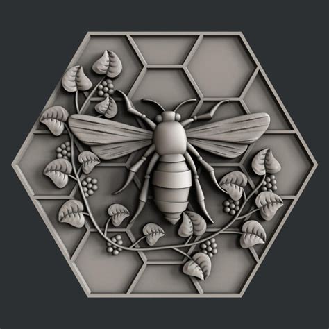 A Bee On A Hexagonal Tile With Leaves And Berries Around It In Grey Tones