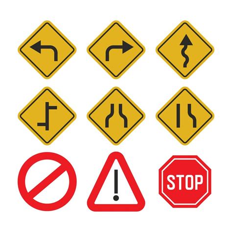 Road Traffic Signs Set In Yellow And Red Car Direction On The Road