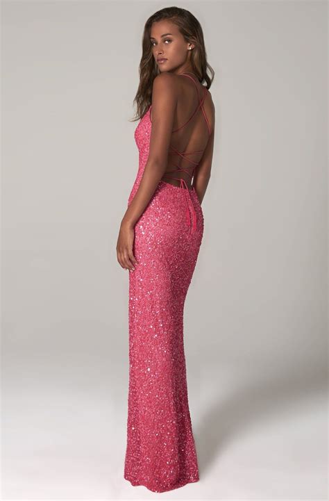 Scala Scoop Sequined Column Dress Hot Pink Prom Dress Column