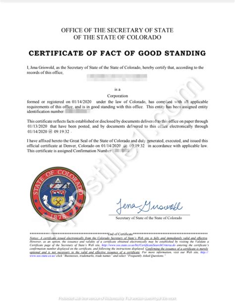 Certificate Of Good Standing Template