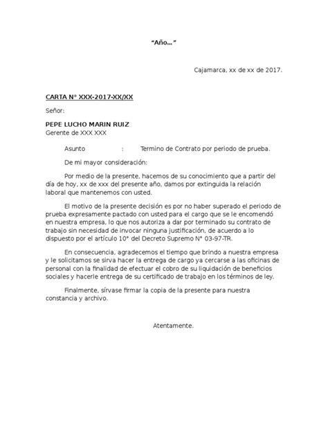 Carta de Despido Por No Superar Prueba  Modelo  Liquidación
