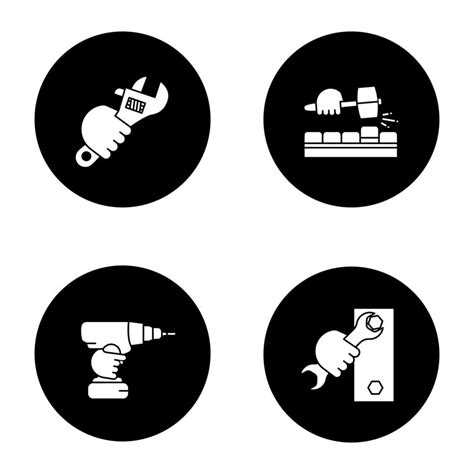 Hands Holding Construction Tools Glyph Icons Set Lump Hammer Plumbing