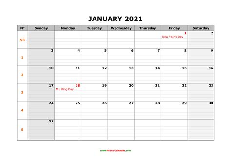 Free Download Printable January 2021 Calendar Large Box Grid Space