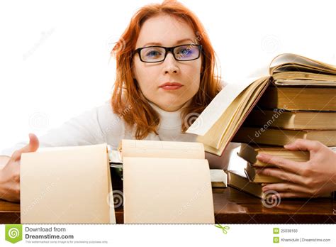Beautiful Red Haired Girl In Glasses With Books Stock Photo Image Of