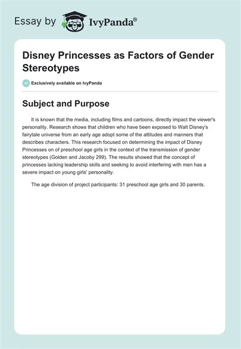 This Disney Princesses As Factors Of Gender Stereotypes 597 Words Movie Review Example