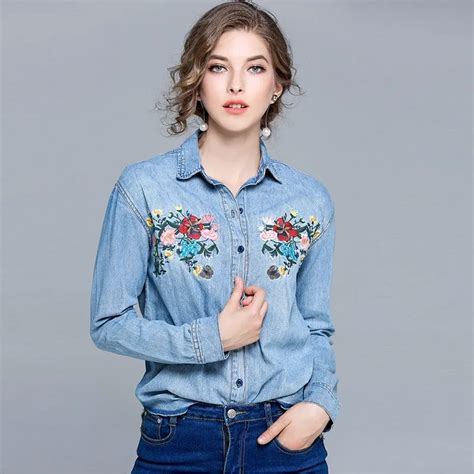 Denim Shirt Female Floral Embroidered Jeans Turn Down Collar Long