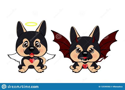 Devil Dog With Horns And Bat Wings And Happy Dog Angel Stock Vector