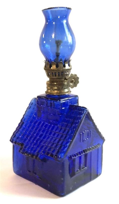 Vintage Miniature Oil Lamp Log Cabin Cobalt Blue Glass Ebay Oil