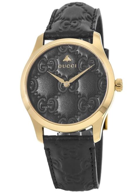 Gucci G Timeless Gold Tone Steel Black Dial Leather Strap Womens Watch