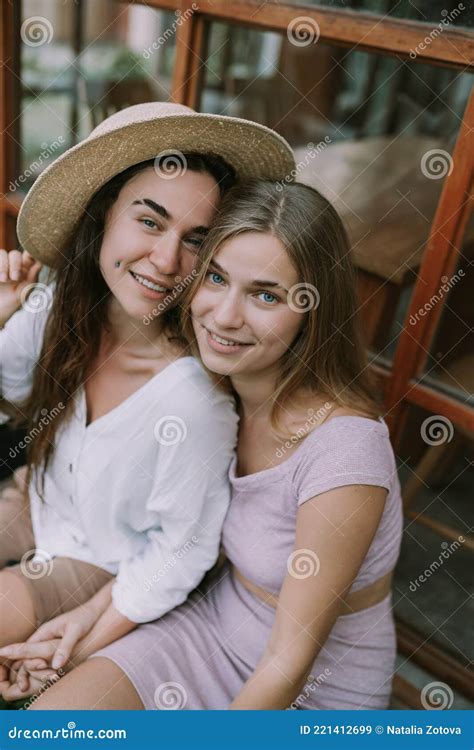 Two Lesbians Have A Date In Cafe Stock Image Image Of Laughing Summer