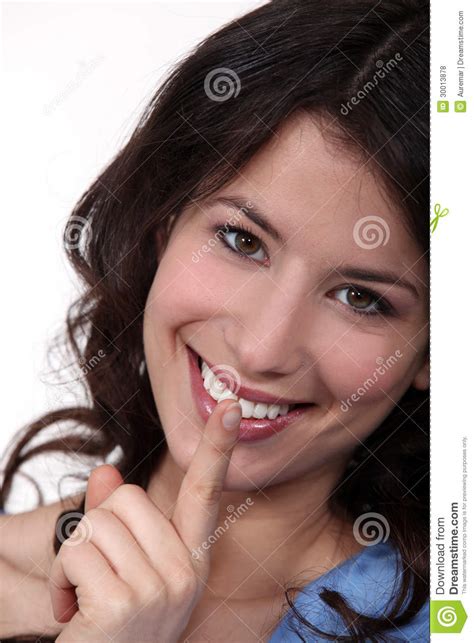 Smiling Woman Asking For Silence Stock Photo Image Of Businesslady