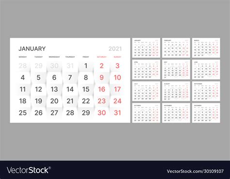 Wall Quarterly Calendar Template For 2021 Year Vector Image