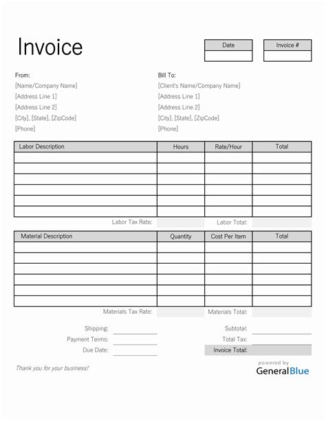 Labor And Materials Invoice In Excel Simple