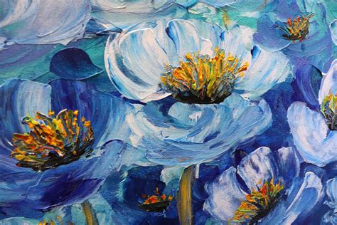 Blue Flowers Original Painting Impasto Textured Modern Art Anemones