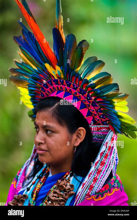 a native from the kamentsá tribe wearing a colorful feather headgear takes part in the
