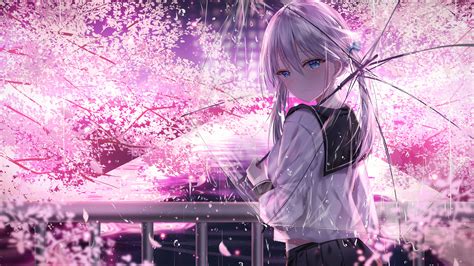 2560x1440 Anime Girl With Umbrella Outdoors Looking Back 5k 1440p