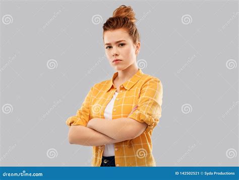 Serious Red Haired Teenage Girl With Crossed Arms Stock Image Image