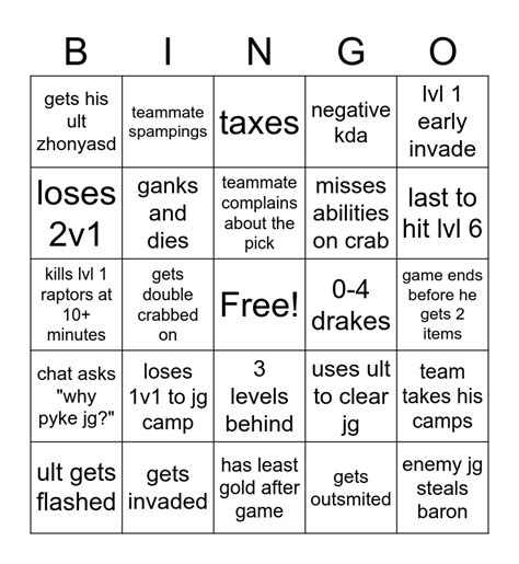 Pyke Jungle Bingo Card