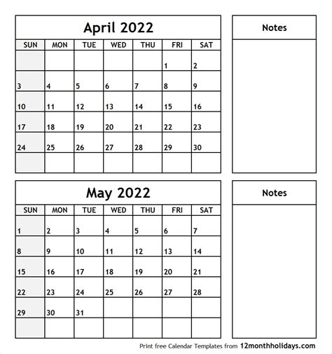 Print April May 2022 Calendar Template 2 Month Calendar