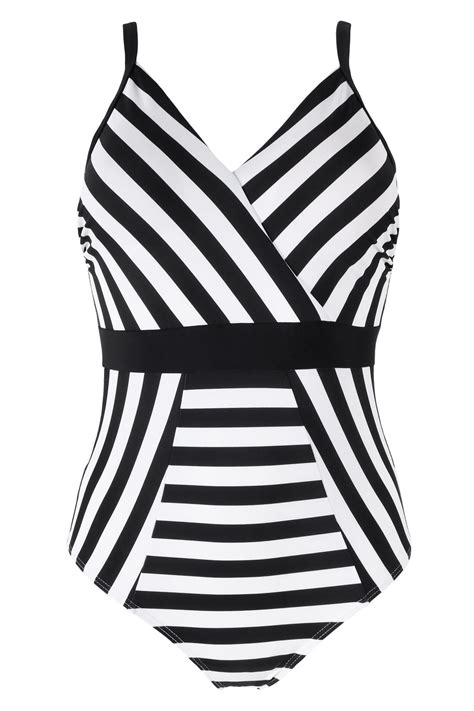 Stripe Panelled Control Swimsuit Blackwhite Pour Moi