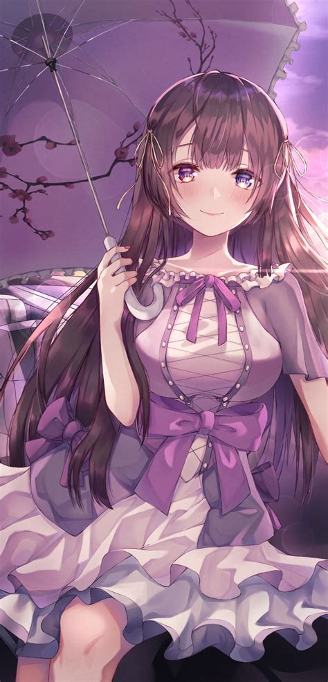 Download 1080x2246 Pretty Anime Girl Brown Hair Dress Smiling