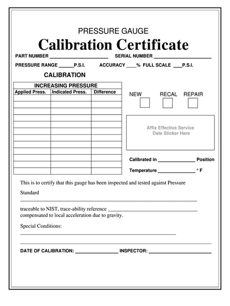 Pressure Gauge Calibration Certificate Pdf Fill Out And