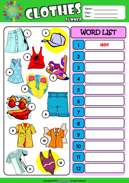 Summer Clothes Esl Vocabulary Write The Words Worksheet For Kids