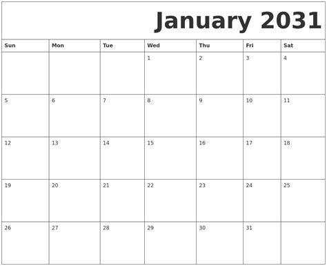 January 2031 Free Printable Calendar